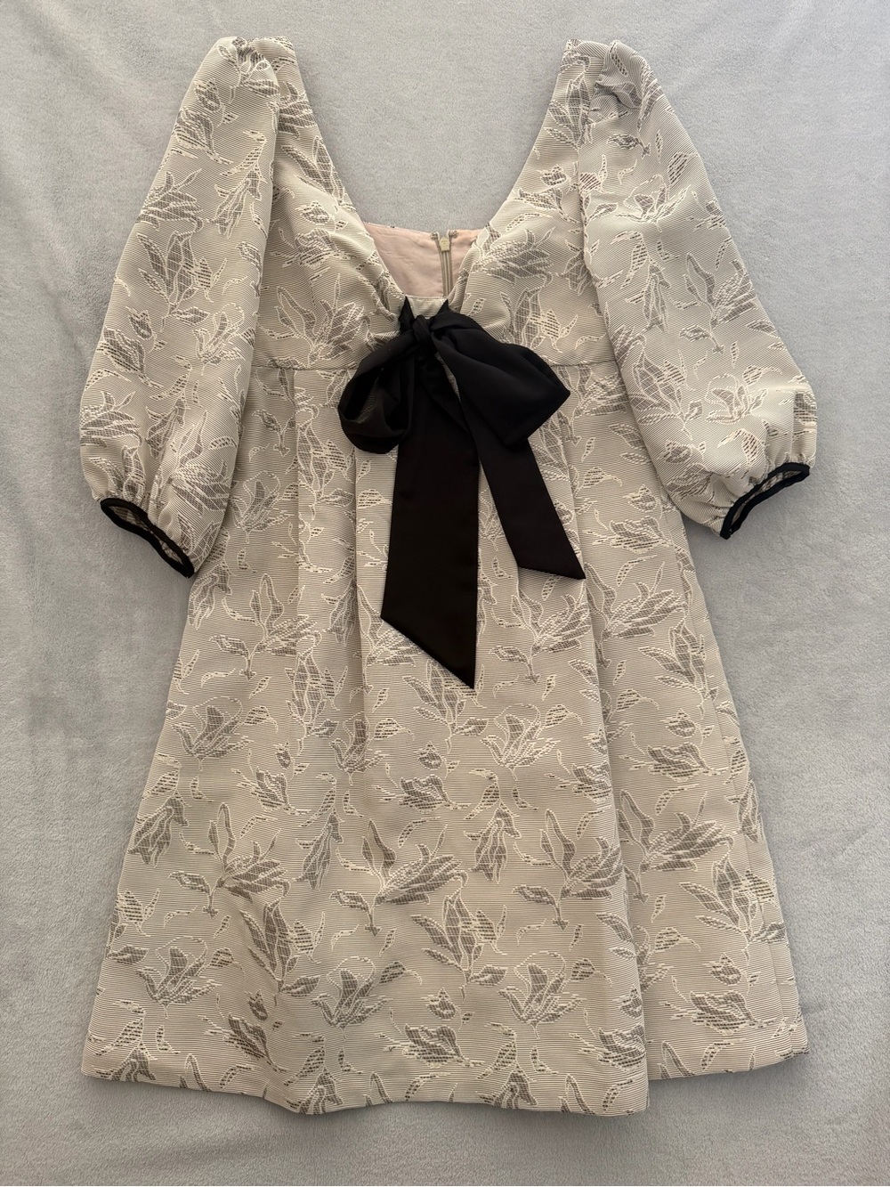 Vintage BCBG Cream Tailored Dress with Gray Flowers Damask Black Bow Detail